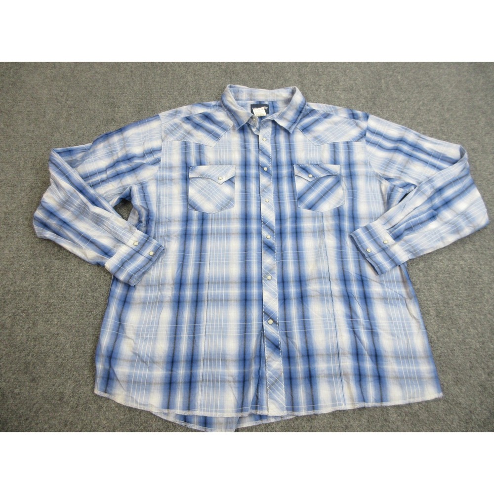 Wrangler Shirt Mens 3XL Blue White Plaid Western Pearl Snap Long Sleeve